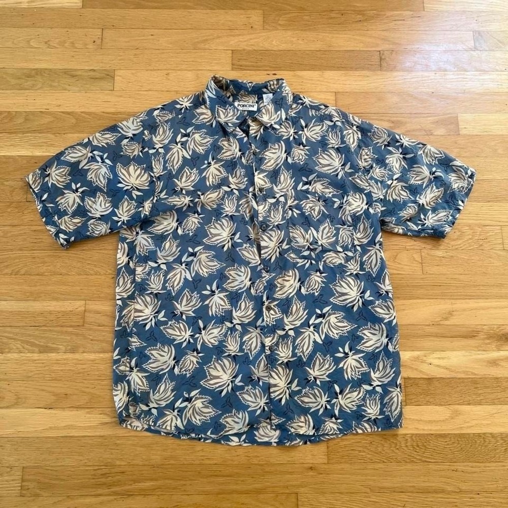 Porcini Blue Silk Hawaiian Shirt Mens Large 100% Silk Tropical Aloha